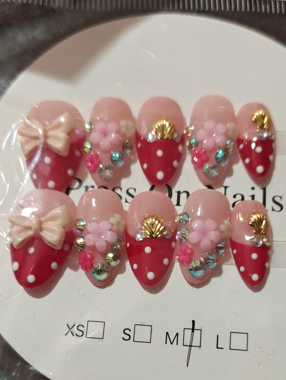 Red Polka Dot Floral 3D Press-On Nails for Kids
